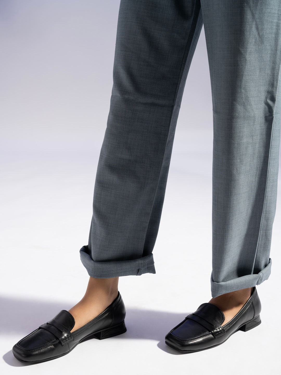 

MIORAH Square Toe Lightweight Leather Penny Loafers, Black
