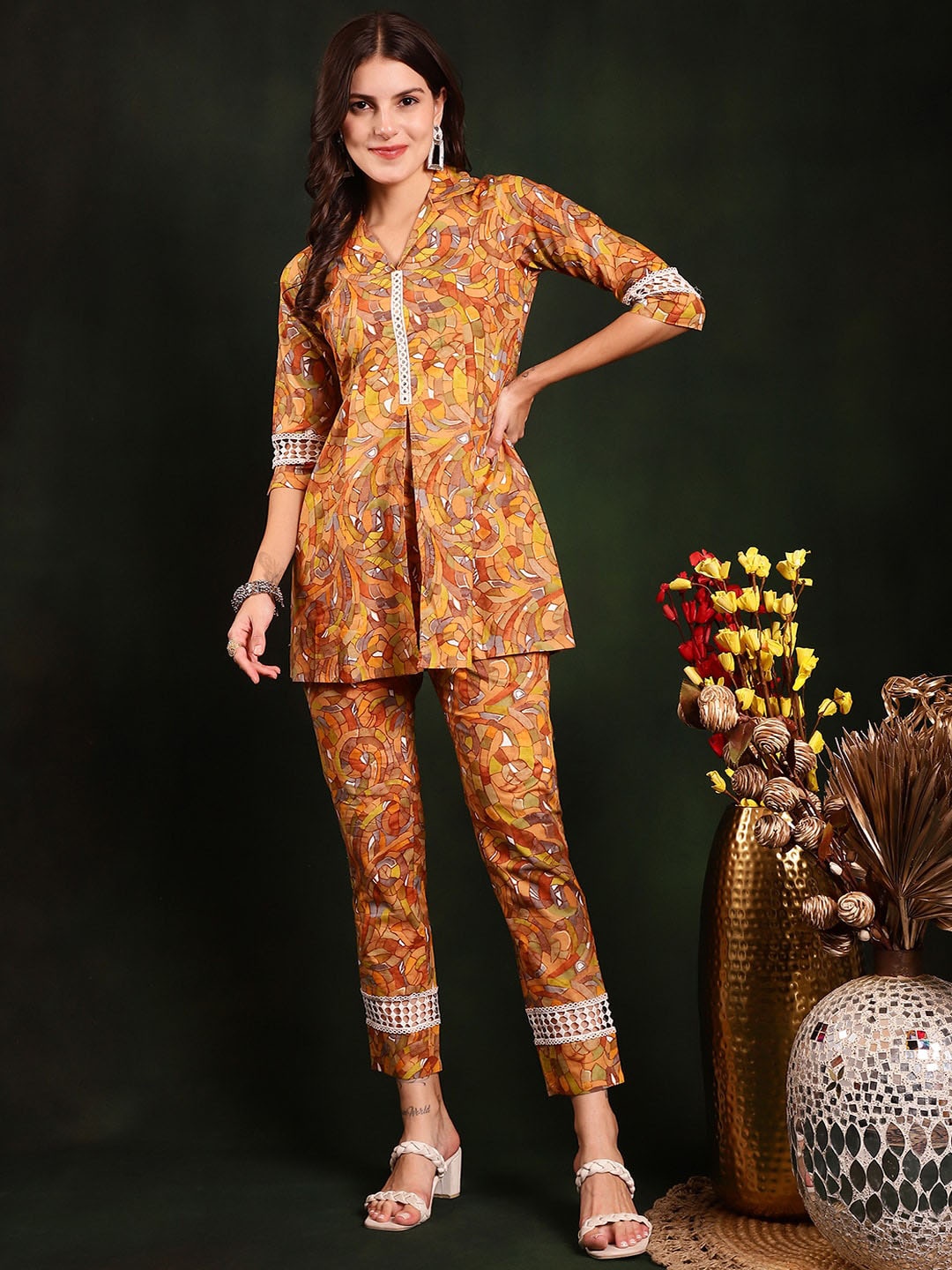 

Claura Yellow Geometric Printed Shirt Collar Pure Cotton Tunic & Trouser