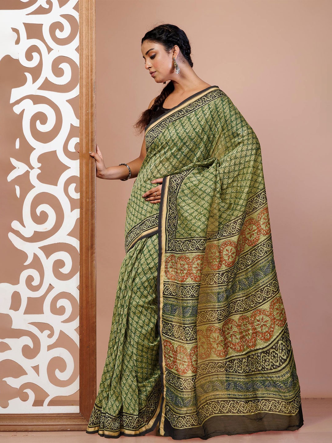 

Unnati Silks Zari Silk Cotton Handloom Chanderi Saree, Green