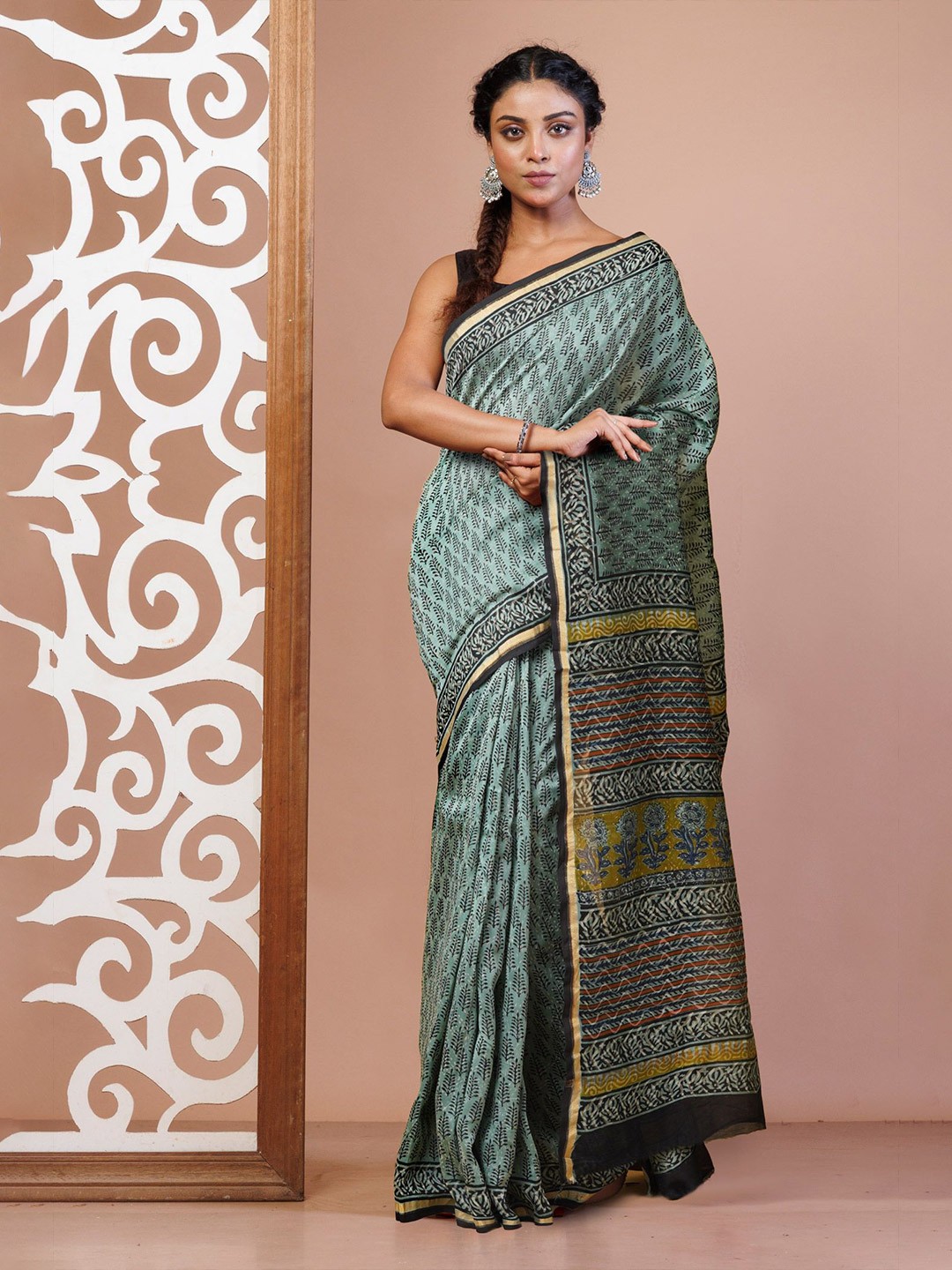 

Unnati Silks Ethnic Motifs Zari Silk Cotton Handloom Chanderi Saree, Blue