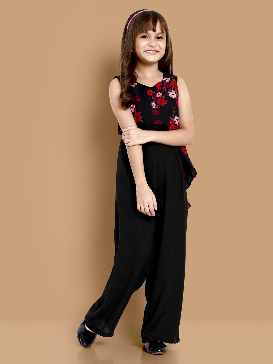

YK Girls Floral Printed Ruffled Playsuit, Black