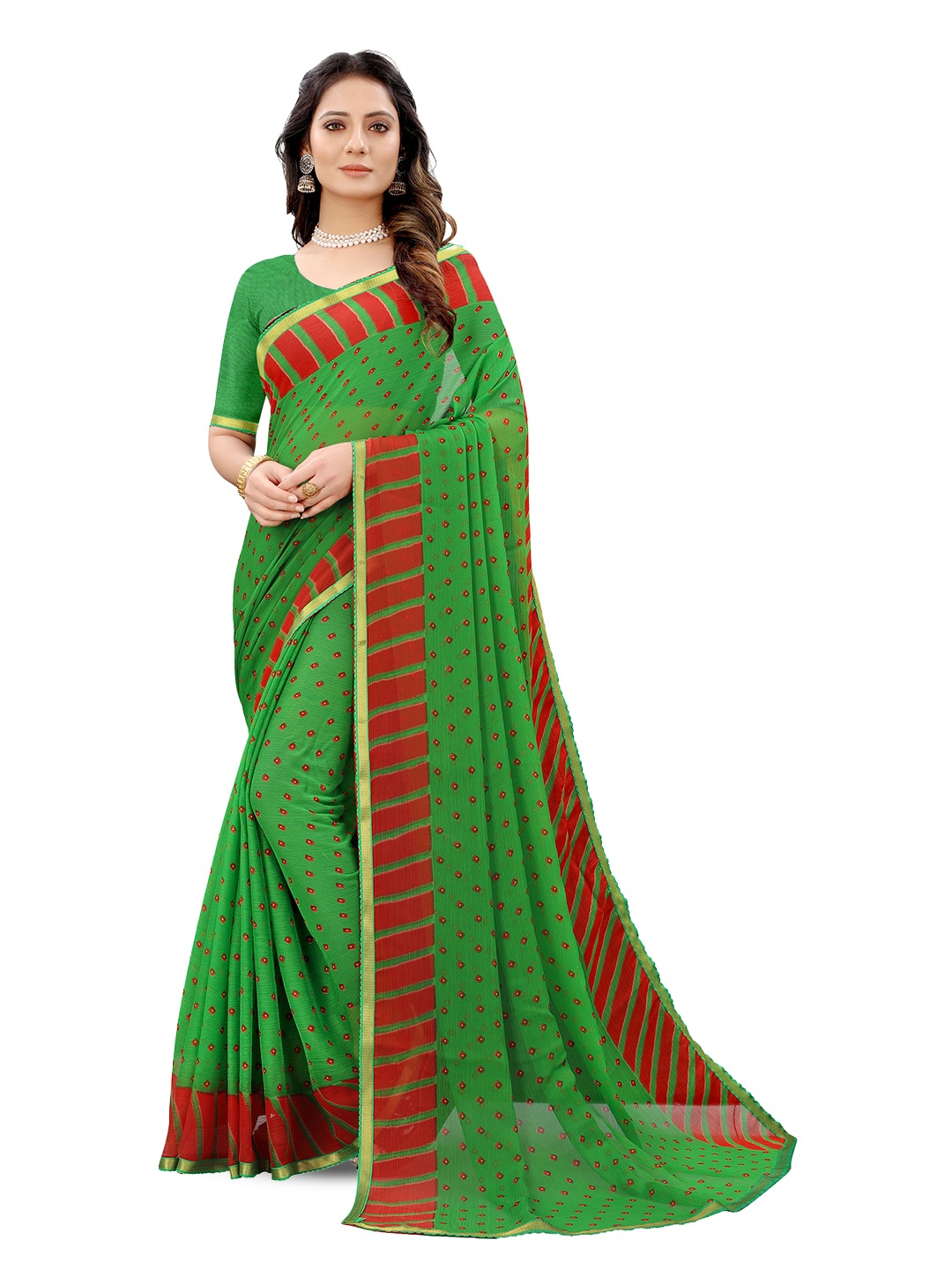 

Mitera Bandhani Zari Pure Chiffon Saree, Green