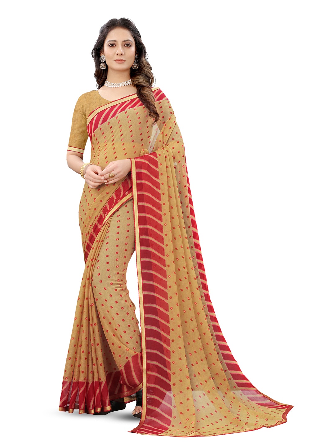 

Mitera Bandhani Zari Pure Chiffon Bandhani Saree, Cream