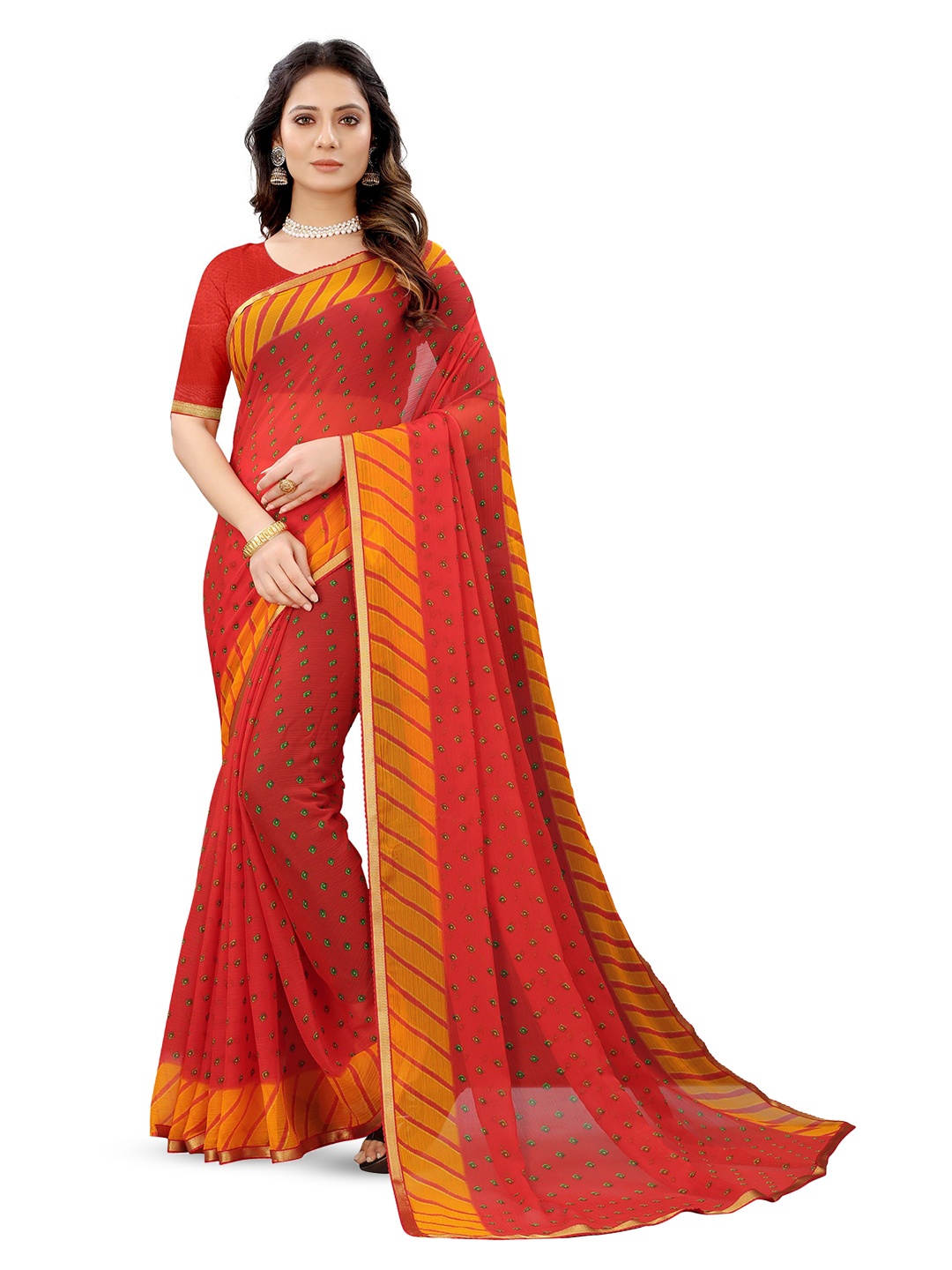 

Mitera Ethnic Motifs Zari Pure Chiffon Bandhani Saree, Red