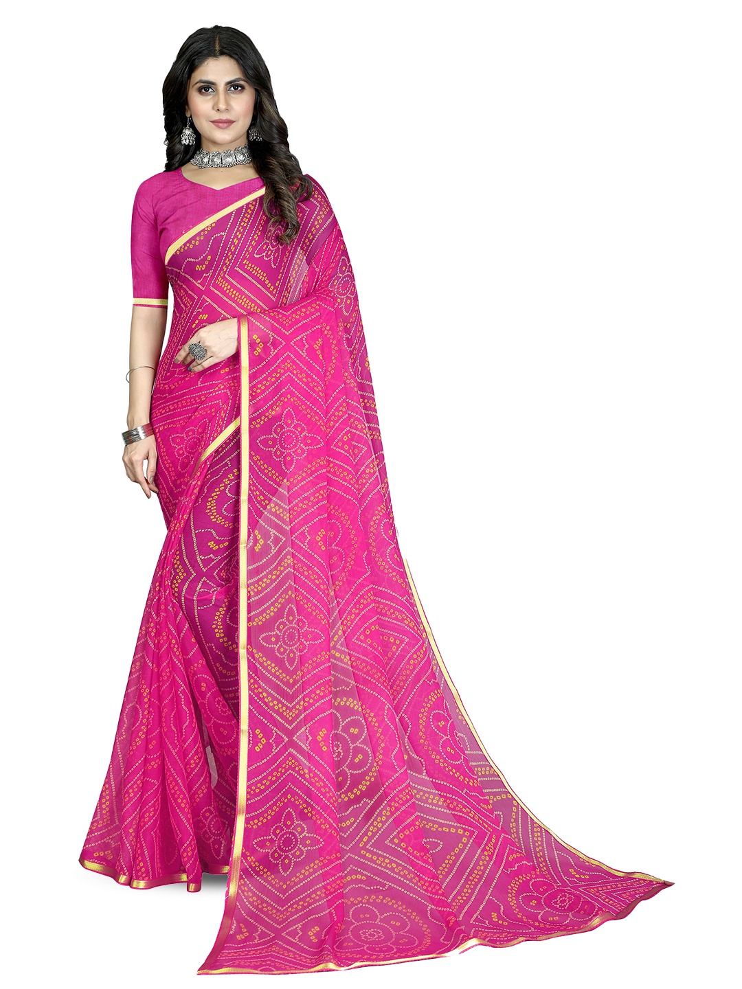 

Mitera Bandhani Zari Pure Chiffon Bandhani Saree, Pink