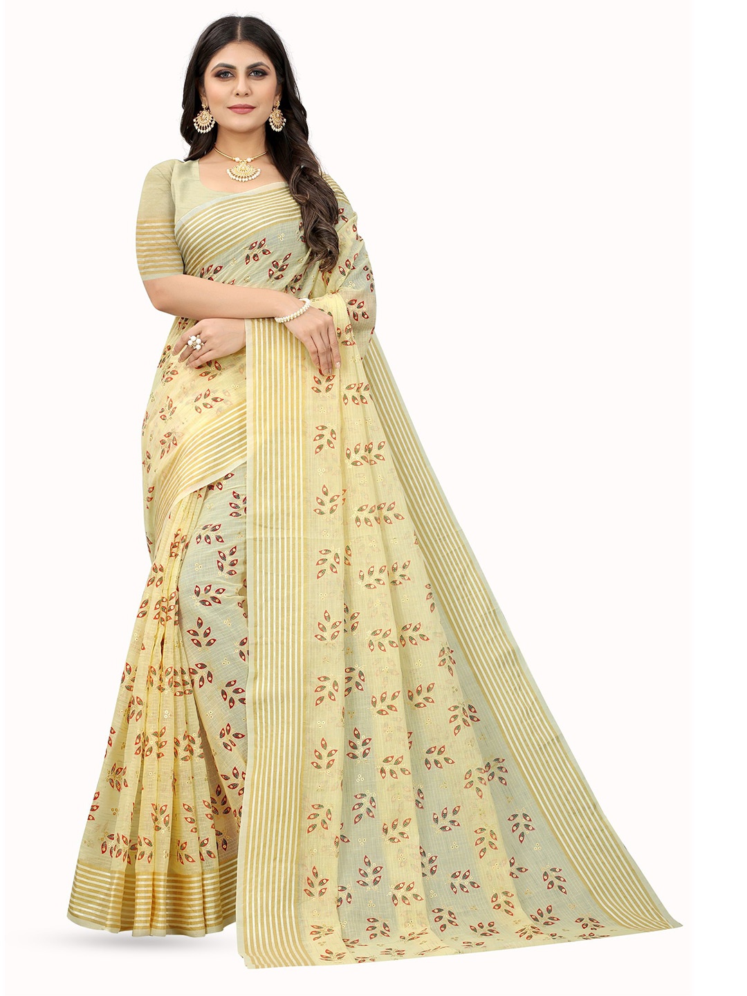 

Mitera Floral Zari Pure Cotton Handloom Banarasi Saree, Cream