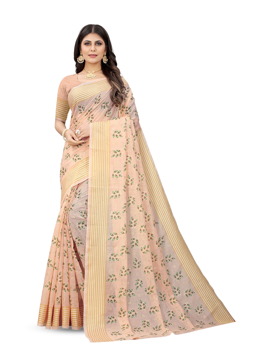 

Mitera Floral Zari Pure Cotton Saree, Peach