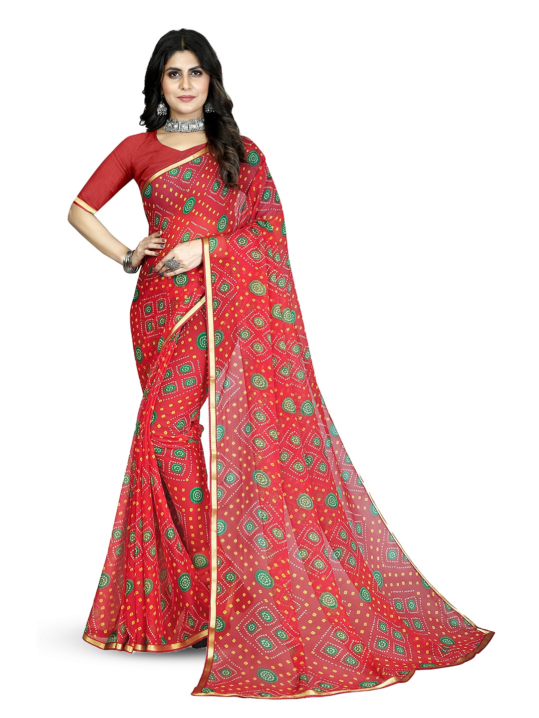 

Mitera Bandhani Zari Pure Chiffon Bandhani Saree, Red