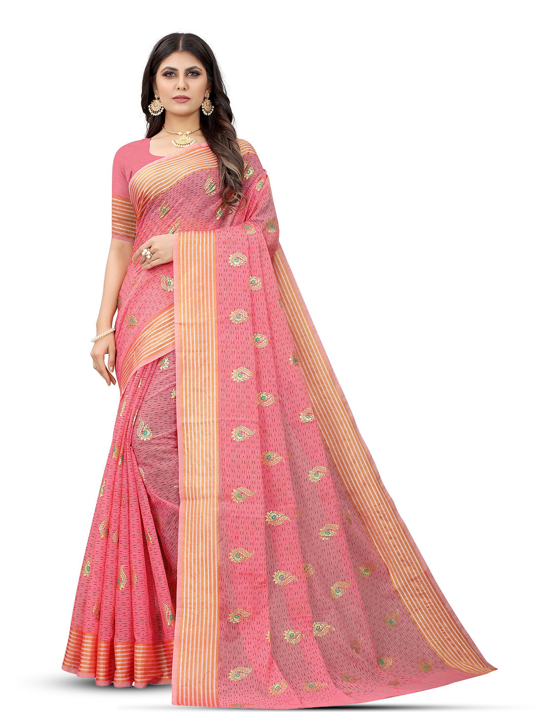 

Mitera Floral Zari Pure Cotton Saree, Pink