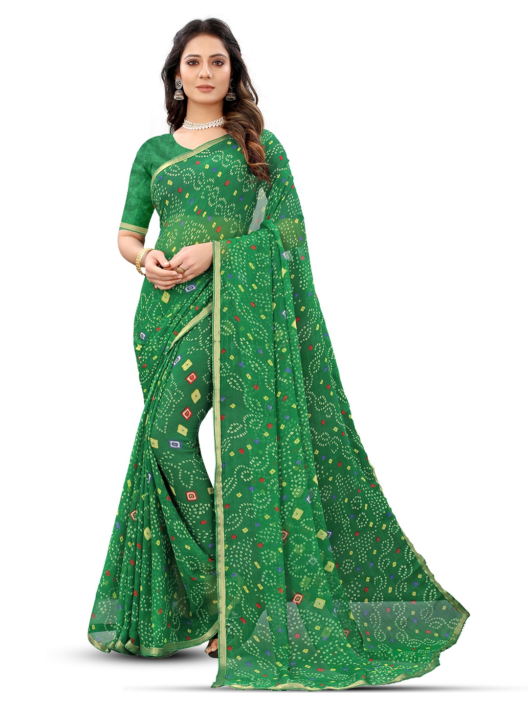 

Mitera Bandhani Zari Pure Chiffon Bandhani Saree, Green
