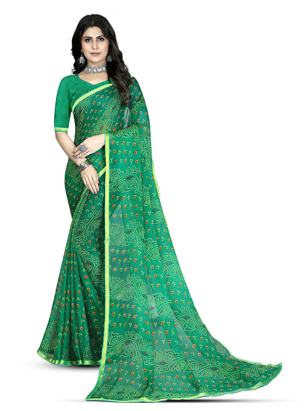 

Mitera Bandhani Zari Pure Chiffon Bandhani Saree, Green