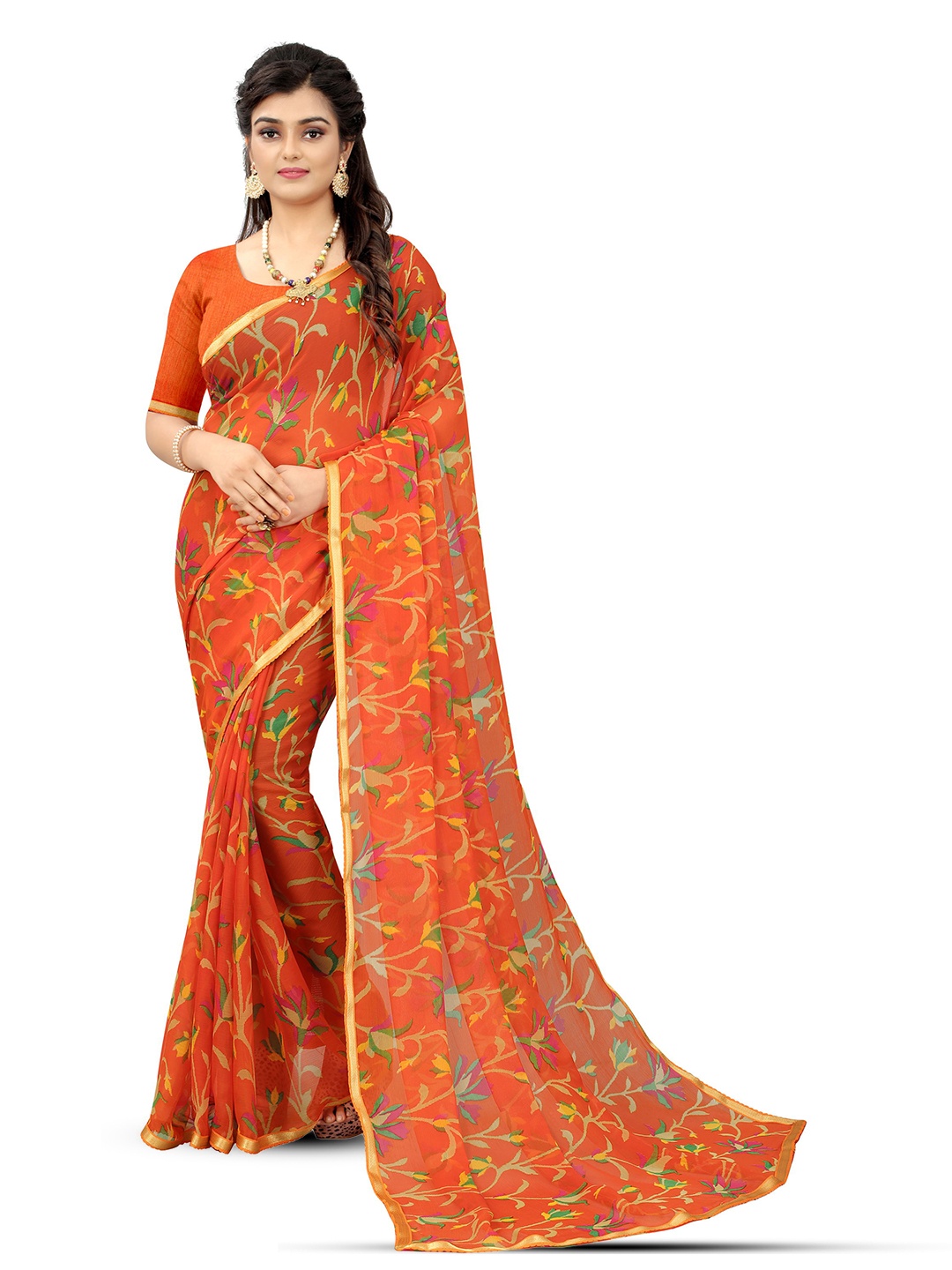 

Mitera Floral Zari Pure Chiffon Saree, Orange