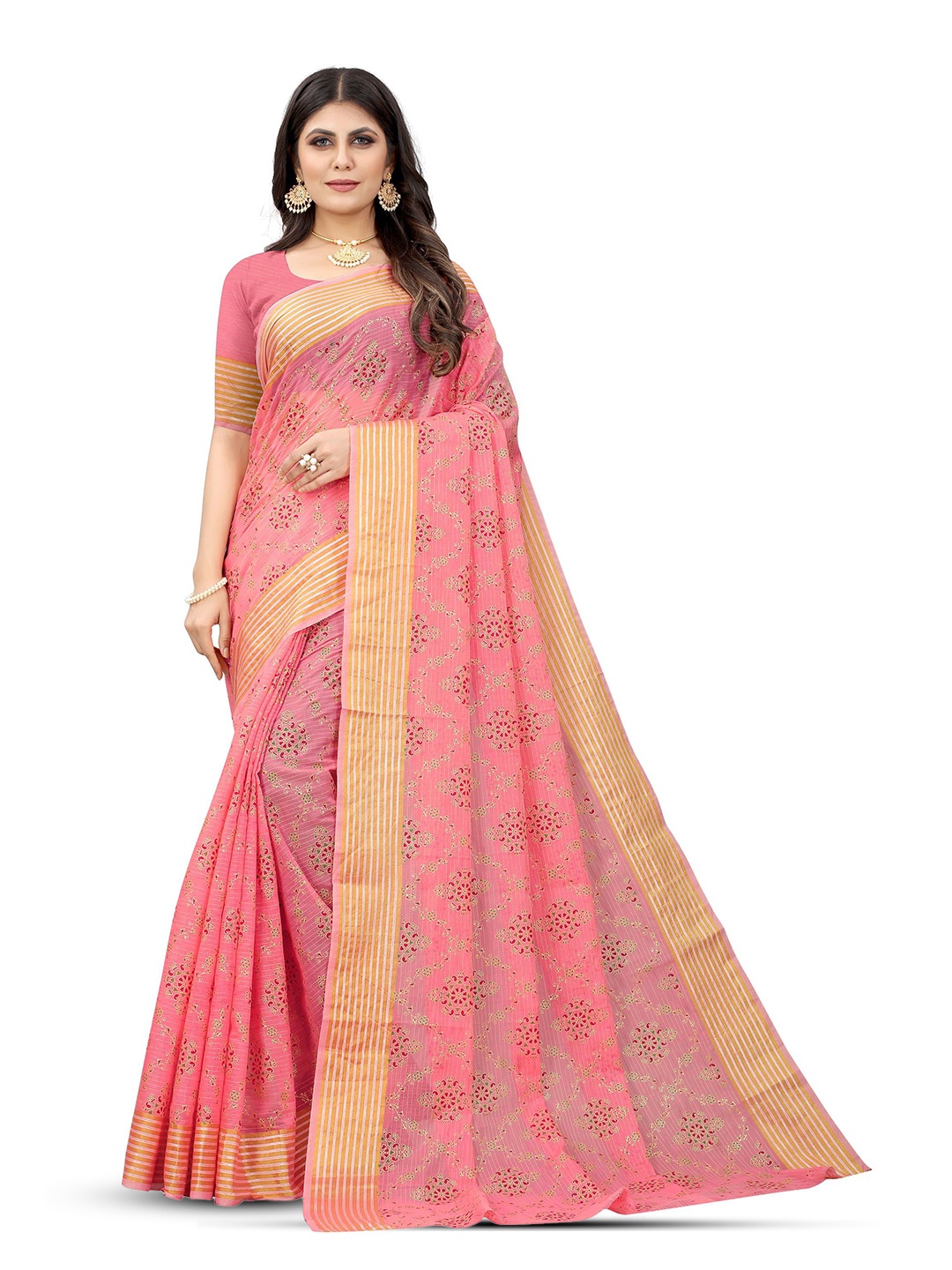 

Mitera Floral Zari Pure Cotton Banarasi Saree, Pink