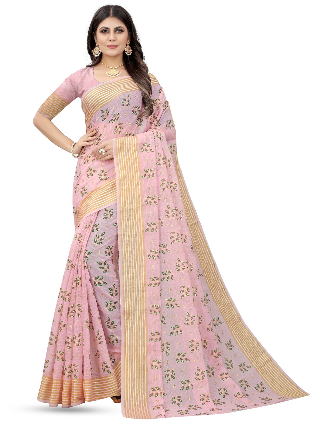 

Mitera Floral Zari Pure Cotton Banarasi Saree, Pink