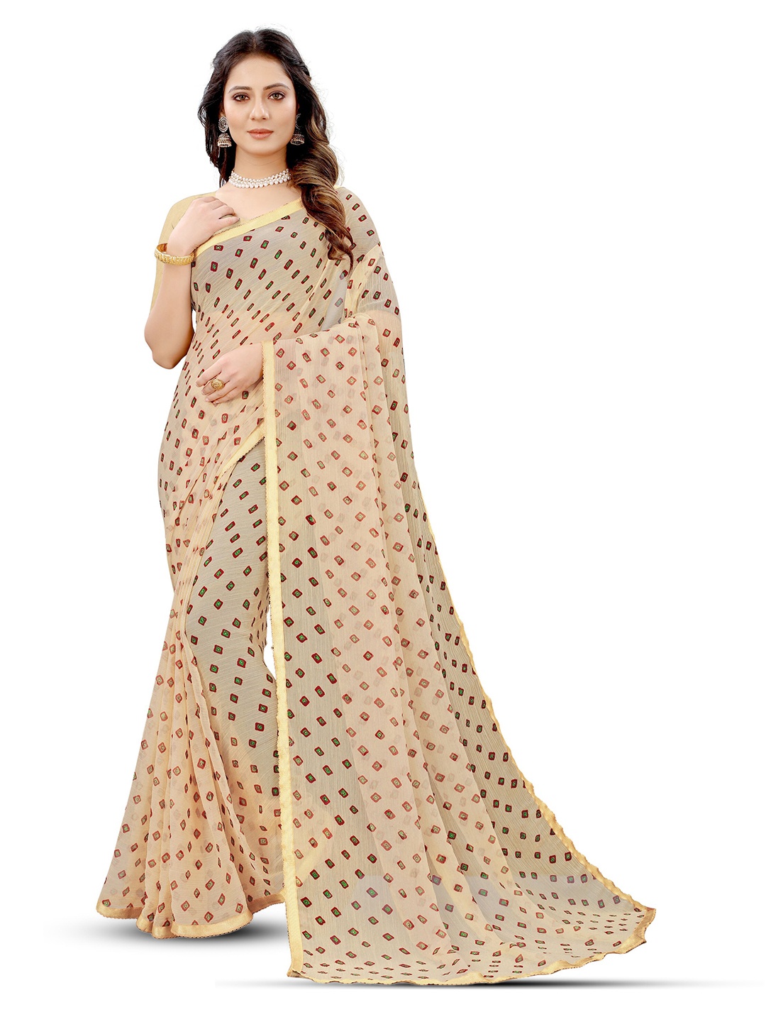 

Mitera Bandhani Zari Pure Chiffon Bandhani Saree, Beige