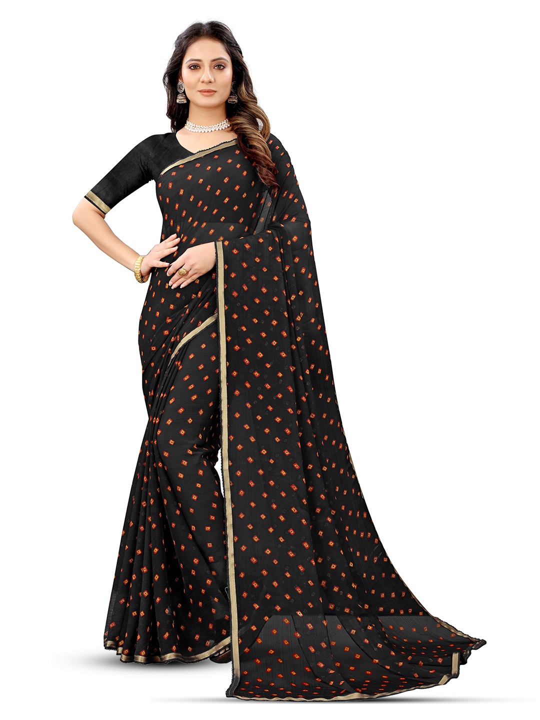 

Mitera Bandhani Zari Pure Chiffon Bandhani Saree, Black