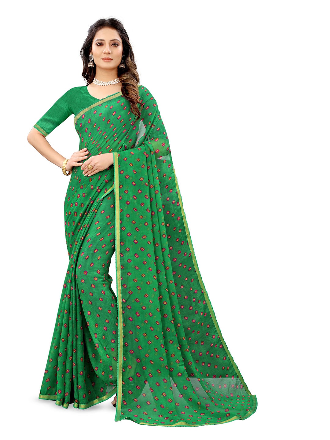 

Mitera Bandhani Zari Pure Chiffon Bandhani Saree, Green