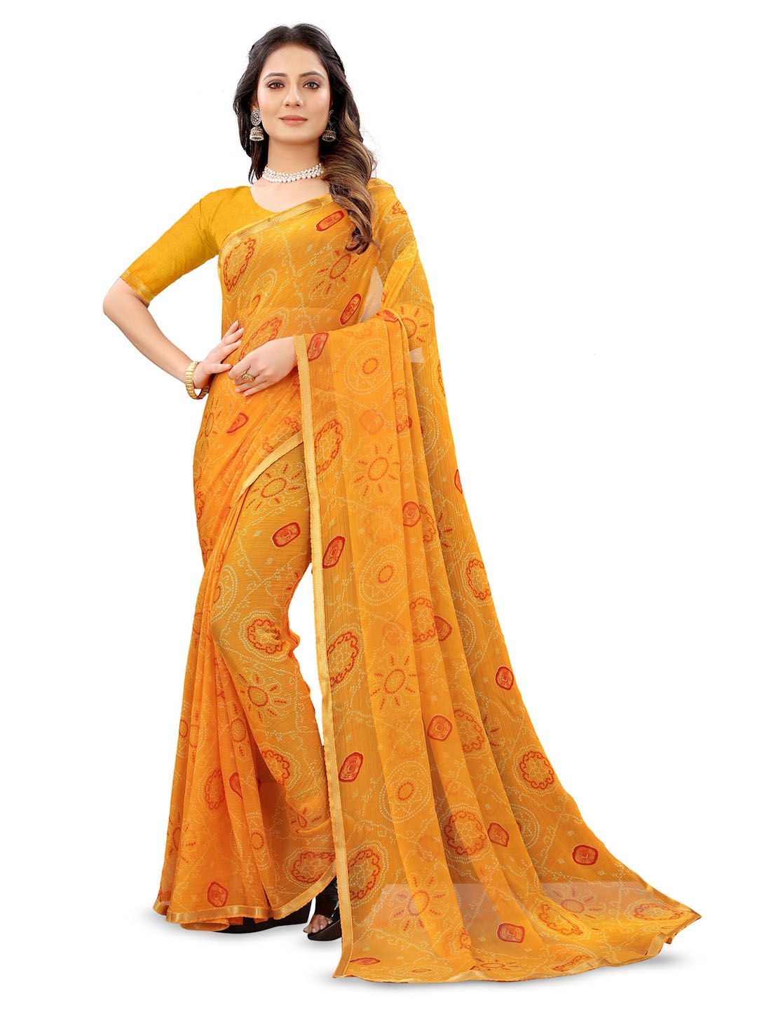 

Mitera Bandhani Zari Pure Chiffon Bandhani Saree, Orange