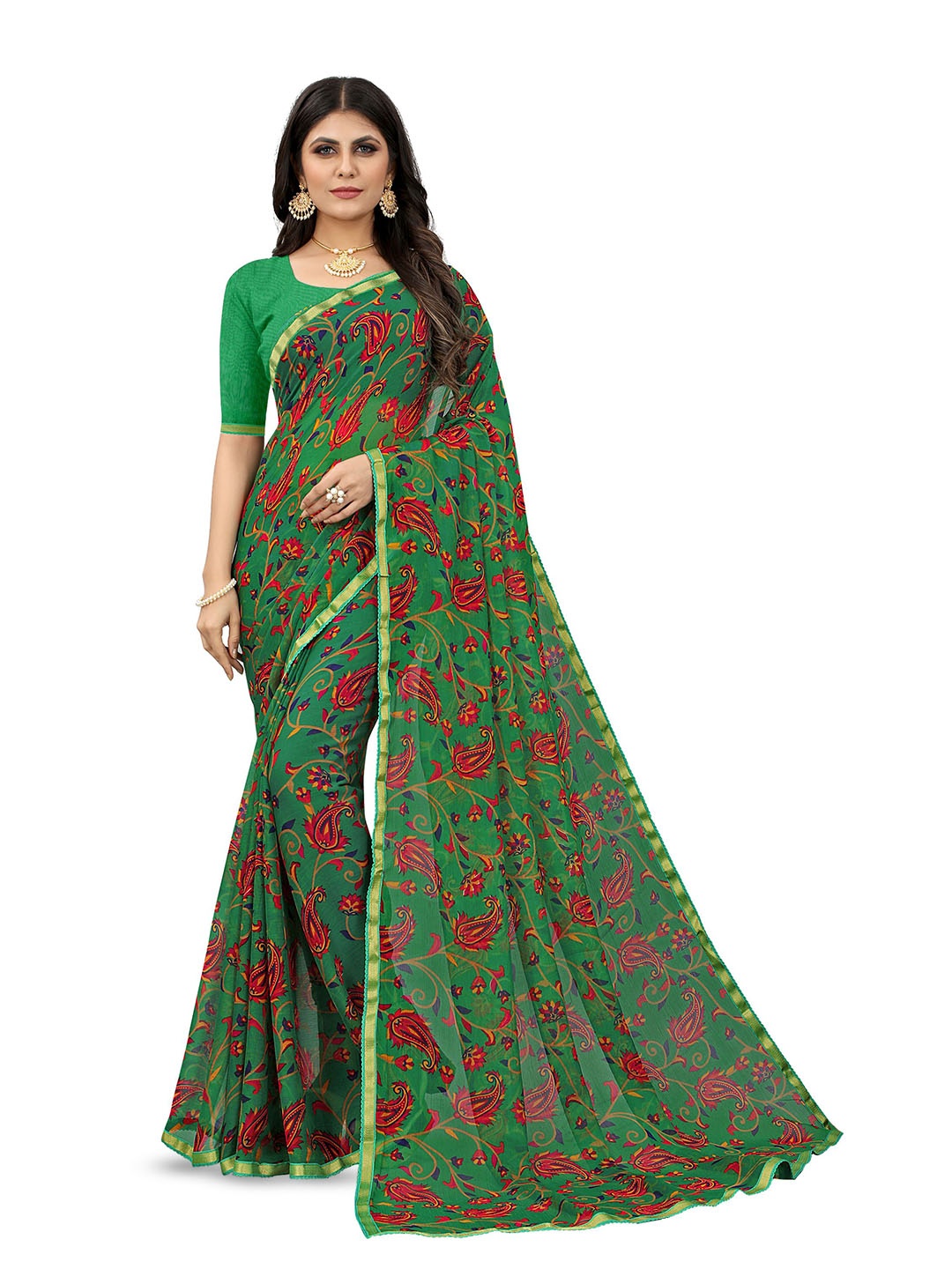 

Mitera Ethnic Motifs Zari Pure Chiffon Saree, Green