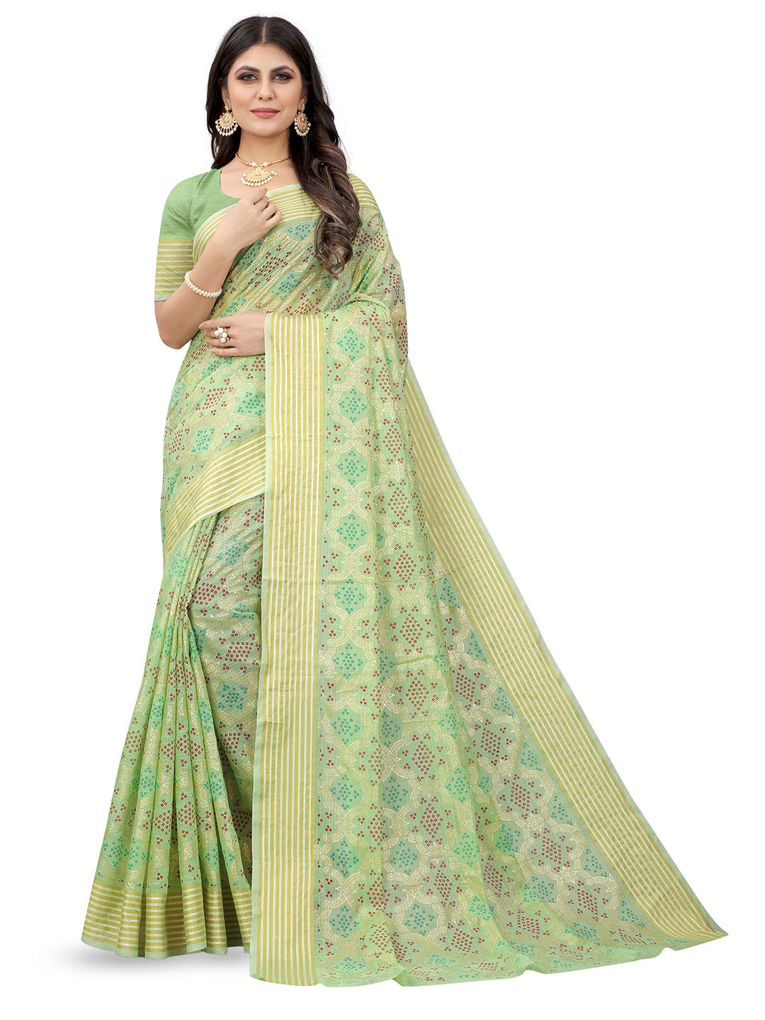 

Mitera Bandhani Zari Pure Cotton Bandhani Saree, Green