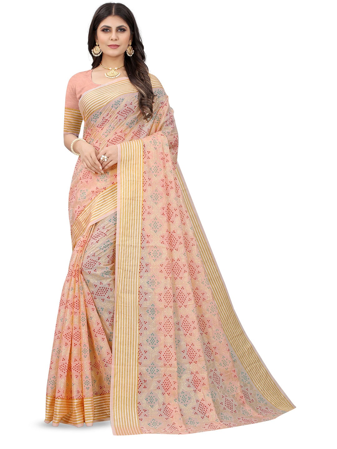 

Mitera Bandhani Zari Pure Cotton Banarasi Saree, Peach