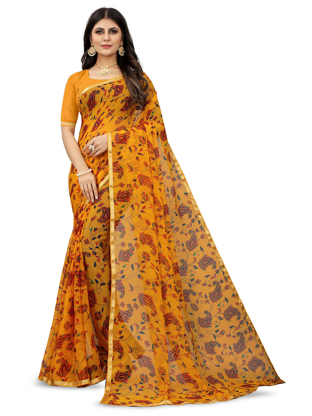 

Mitera Ethnic Motifs Zari Pure Chiffon Saree, Yellow
