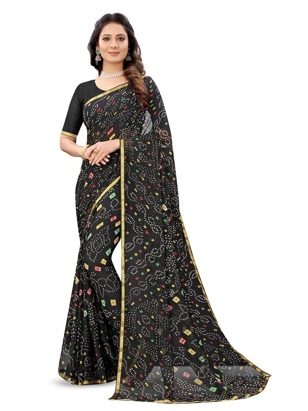 

Mitera Bandhani Zari Pure Chiffon Bandhani Saree, Black