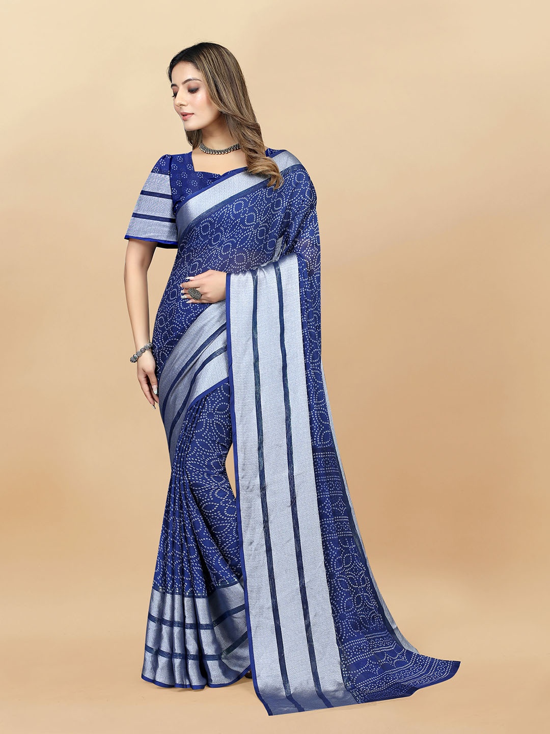 

Mitera Bandhani Zari Pure Chiffon Bandhani Saree, Blue