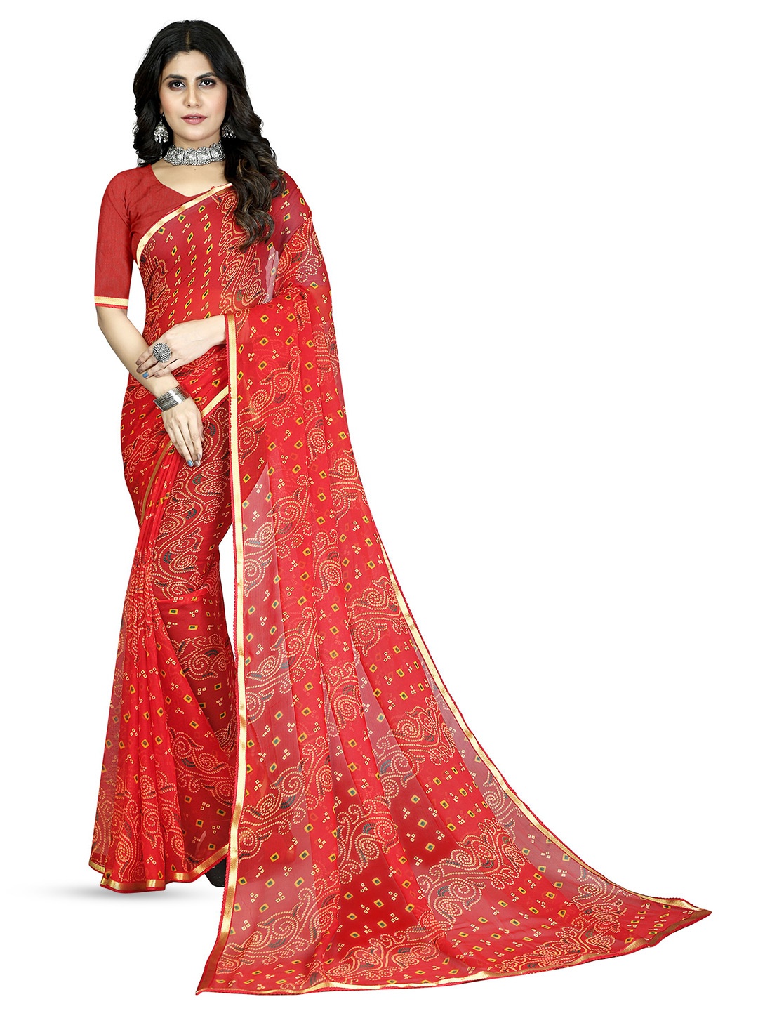 

Mitera Bandhani Pure Chiffon Handloom Jamdani Saree, Red