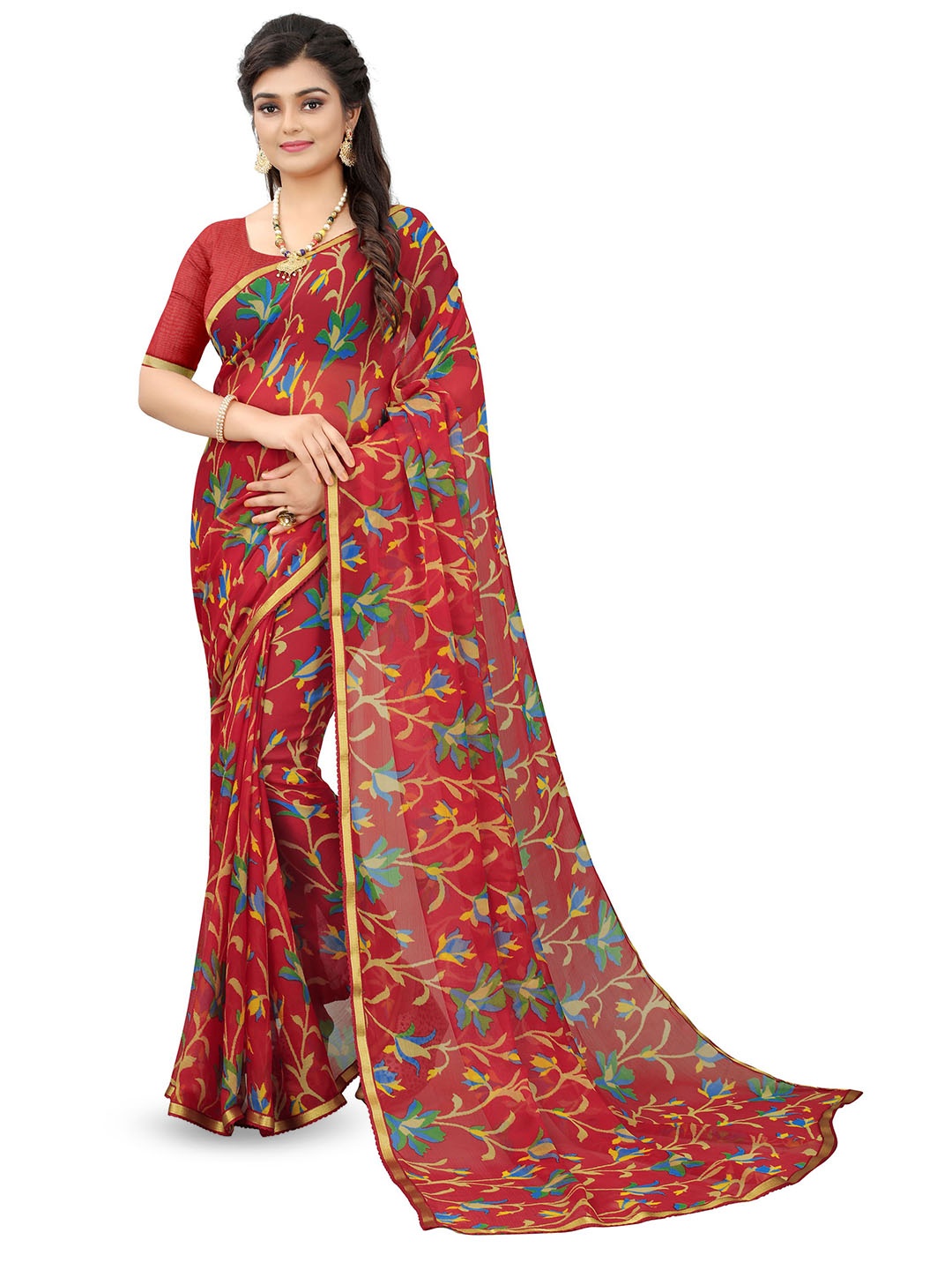 

Mitera Ethnic Motifs Zari Pure Chiffon Saree, Red