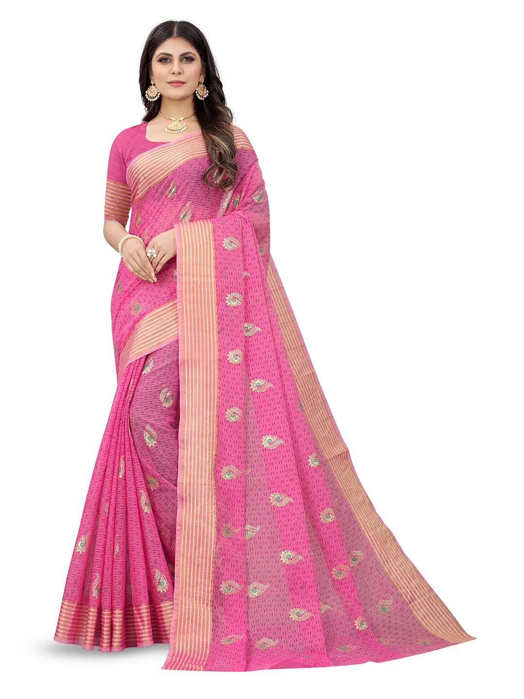 

Mitera Floral Zari Pure Cotton Banarasi Saree, Pink