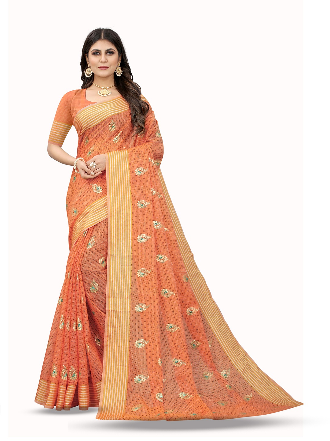 

Mitera Ethnic Motifs Zari Pure Cotton Banarasi Saree, Orange