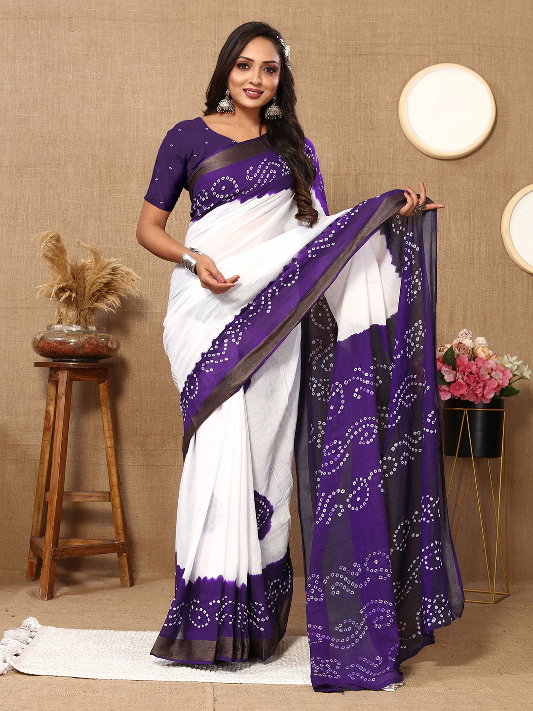 

Mitera Bandhani Zari Pure Cotton Bandhani Saree With Blouse Piece, Purple
