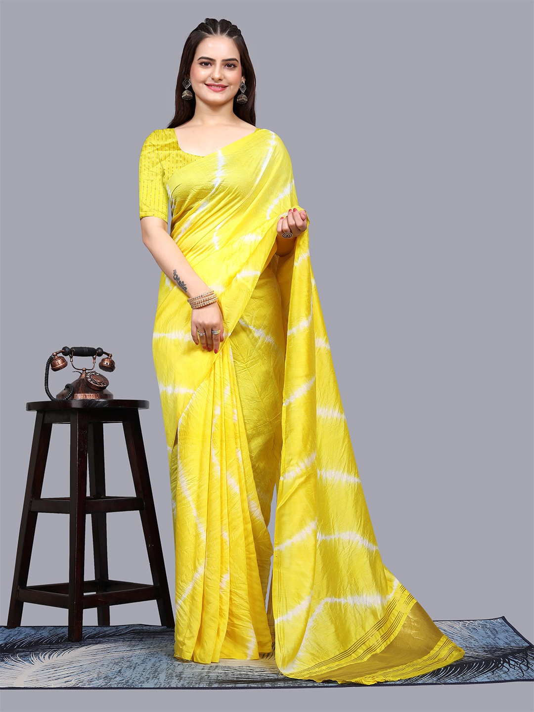 

Mitera Tie and Dye Zari Pure Cotton Saree With Blouse Piece, Yellow