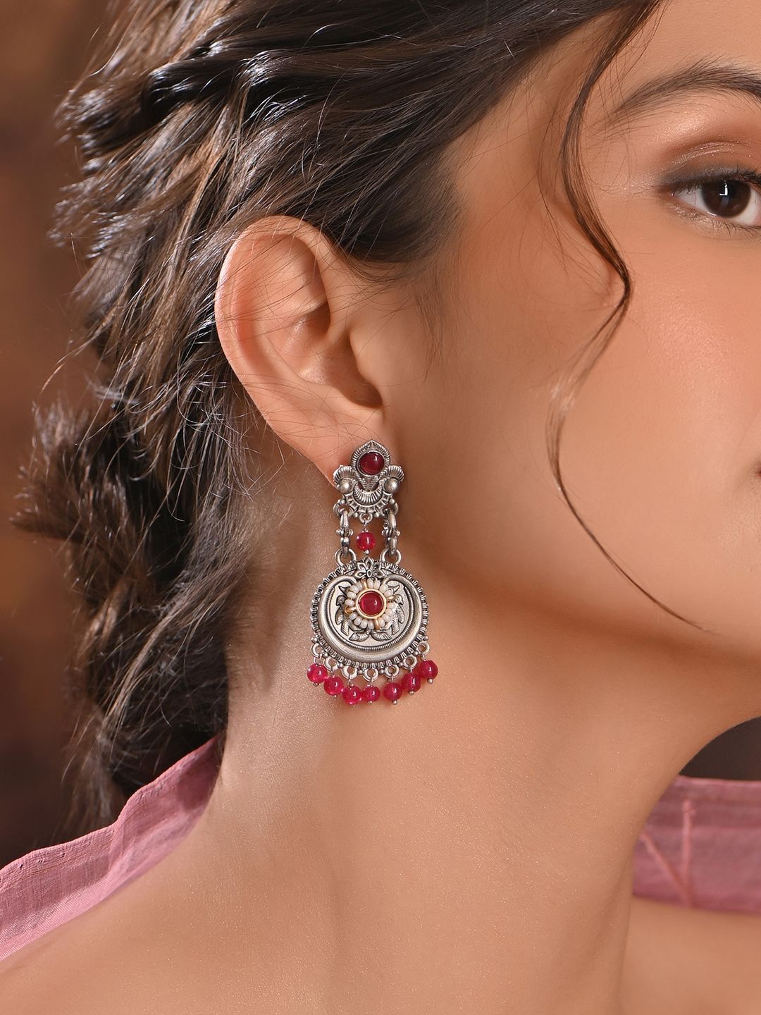 

Fida Silver-Plated Artificial Stones Studded & Beads Beaded Circular Earrings, Red