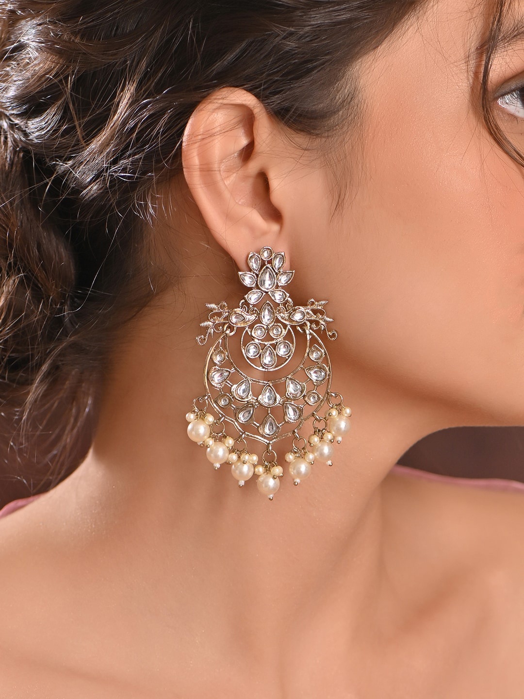 

Fida Gold-Plated Artificial Stones and Beads & Pearls Beaded Classic Chandbalis Earrings