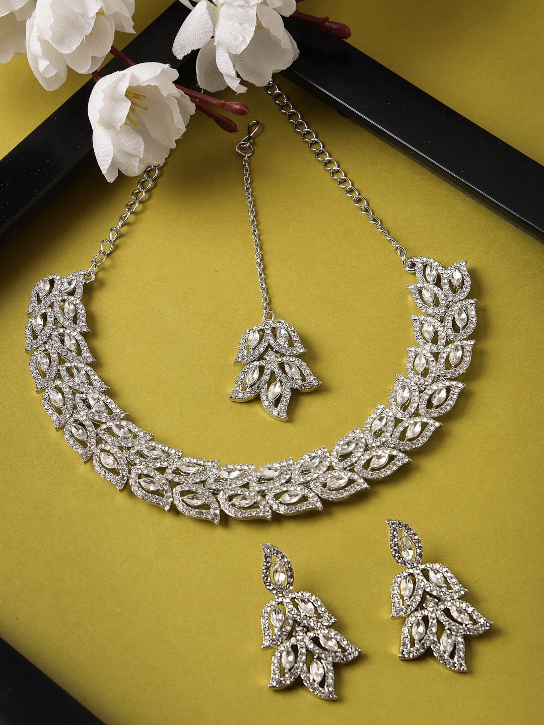 

Sukkhi Rhodium Plated American Diamond Studded Jewellery Set, Silver