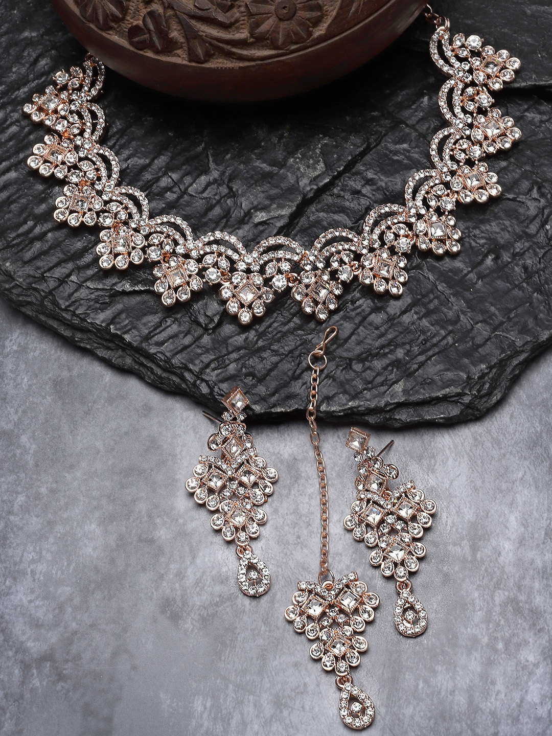 

Sukkhi Rose Gold-Plated AD-Stones Studded Floral Jewellery Set