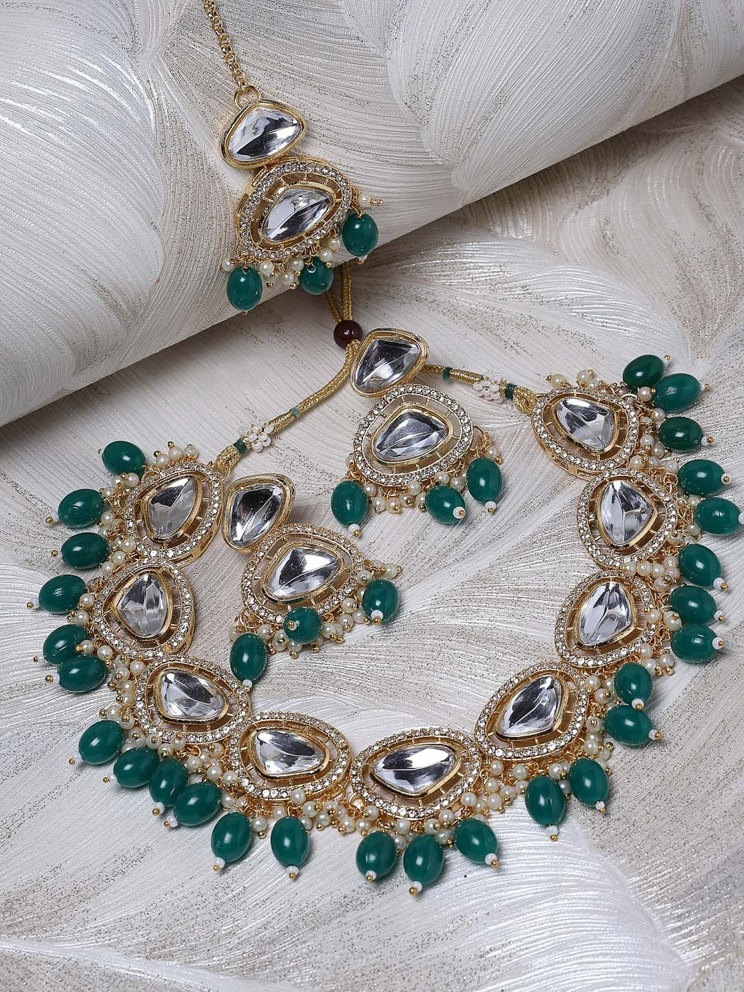 

Sukkhi Gold-Plated AD-Stones Studded & Pearls Beaded Choker Jewellery Set