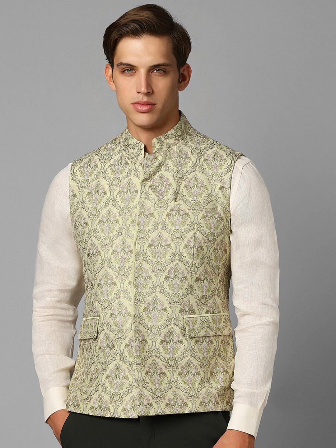 

Louis Philippe Slim-Fit Textured Nehru Jacket, Lime green