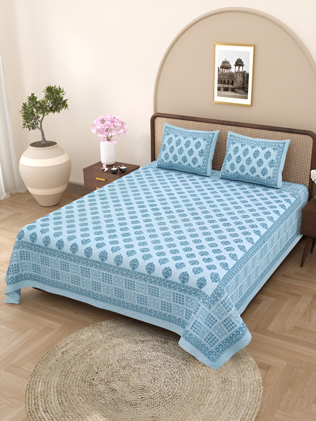 

Aura Blue Ethnic Motifs Cotton 160 TC King Bedsheet With 2 Pillow Covers