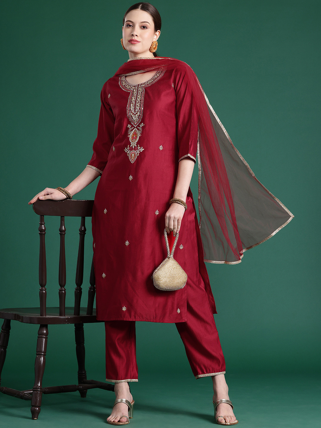 

Indo Era Ethnic Motifs Embroidered Sequinned Liva Kurta With Trousers & Dupatta, Red