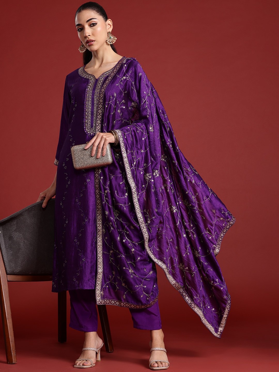 

Indo Era Floral Embroidered Sequinned Kurta With Trousers & Dupatta, Purple