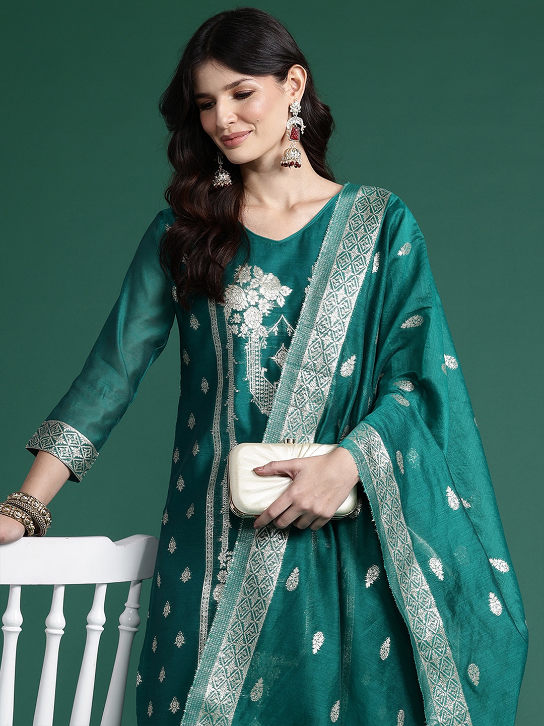 

Indo Era Ethnic Motifs Woven Design Kurta with Trousers & With Dupatta, Teal