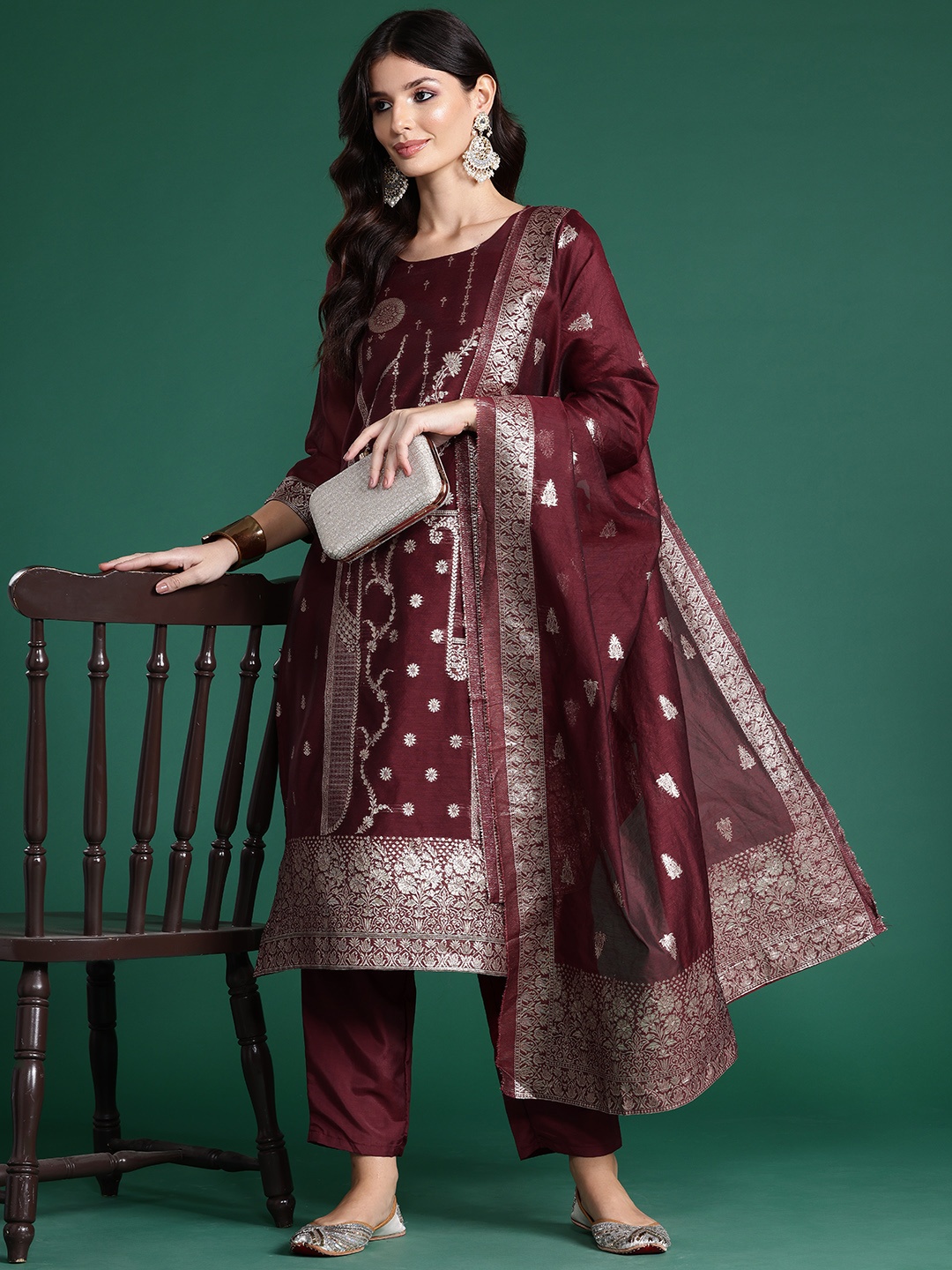 

Indo Era Women Ethnic Motifs Regular Kurta with Trousers & With Dupatta, Maroon