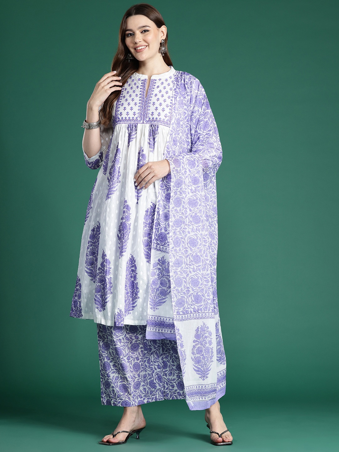 

Indo Era Ethnic Motifs Printed Empire Sequinned Pure Cotton Kurta with Palazzos & Dupatta, White