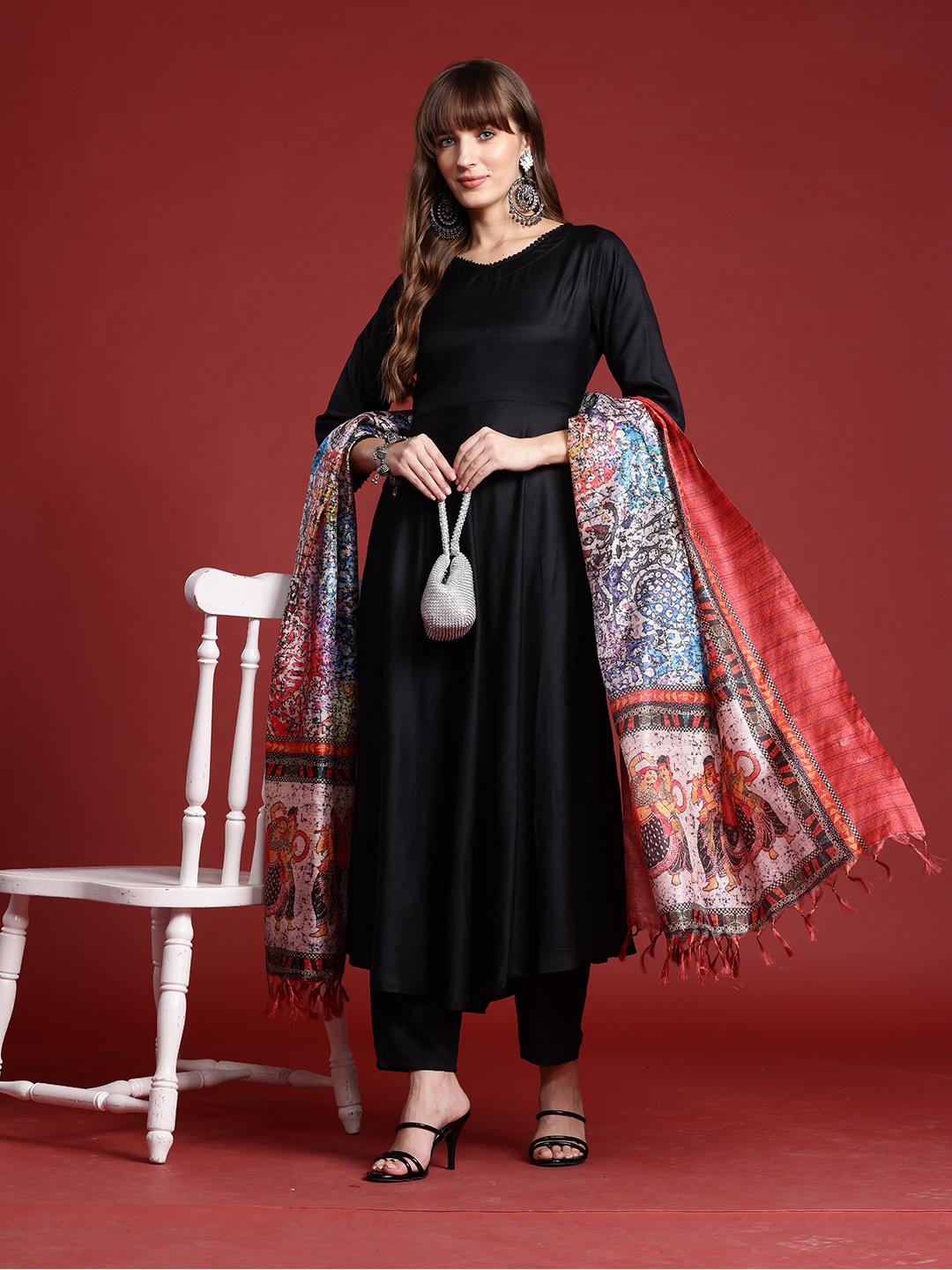 

Indo Era A-Line Kurta with Trousers & Indie Printed Dupatta, Black