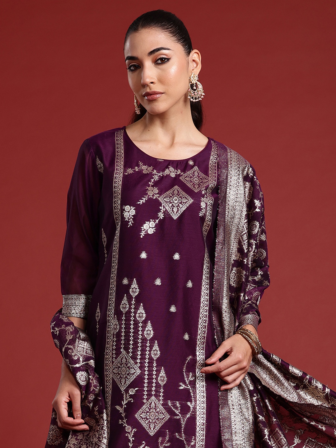 

Indo Era Ethnic Motifs Panelled Kurta With Trousers & Dupatta, Purple