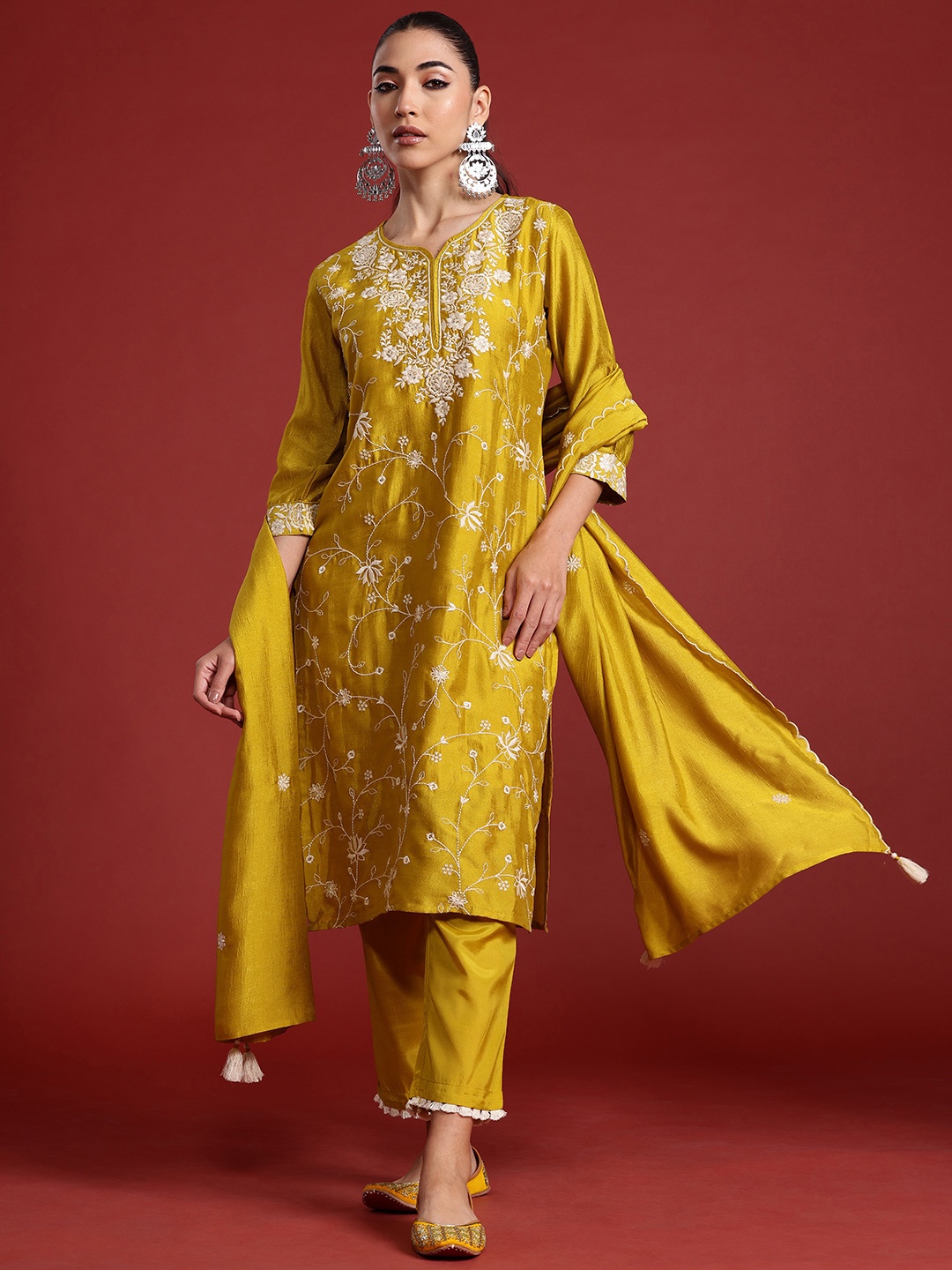 

Indo Era Floral Embroidered Sequinned Kurta With Trousers & Dupatta, Yellow