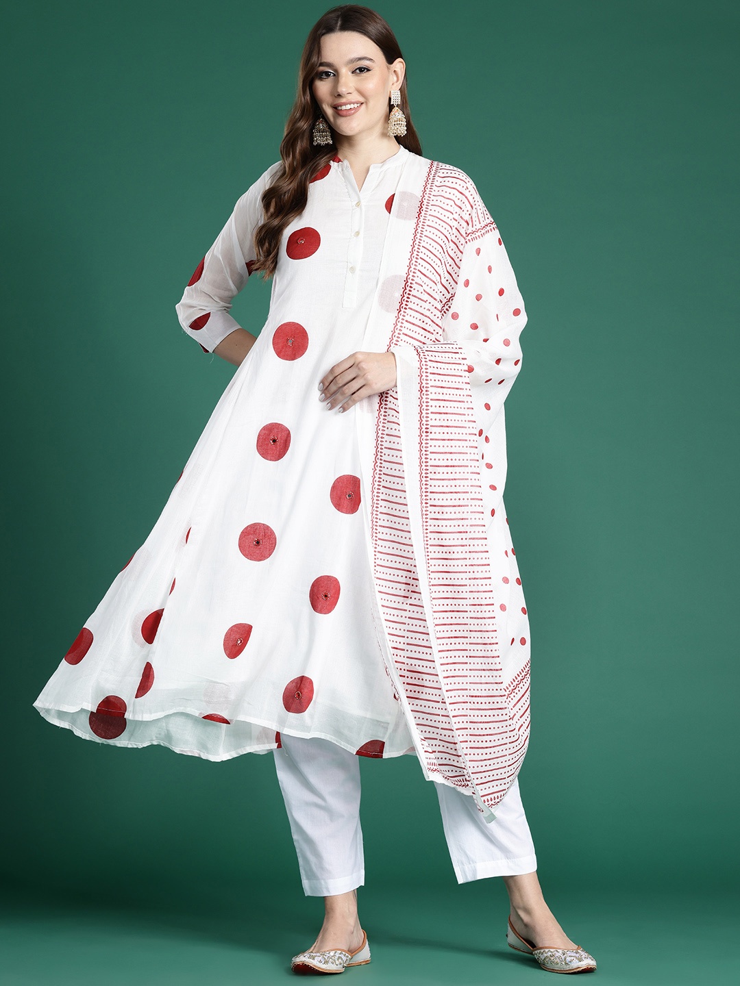 

Indo Era Printed Panelled Sequinned Pure Cotton Kurta with Trousers & With Dupatta, Off white